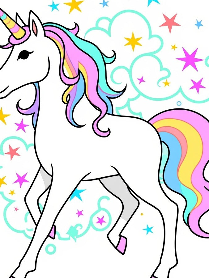 Whimsical Rainbow Unicorn Stars Swirls Rug