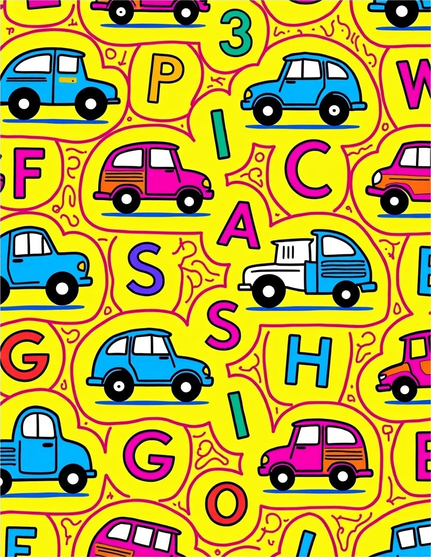 Alphabet Cars Playful Yellow Kids Rug