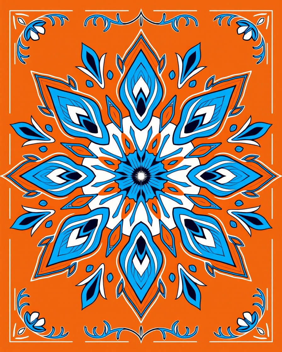 Bright Orange Blue Starburst Mandala Rug