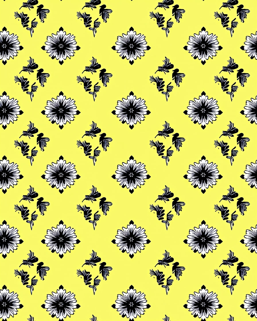 Yellow Black Floral Diamond Rug