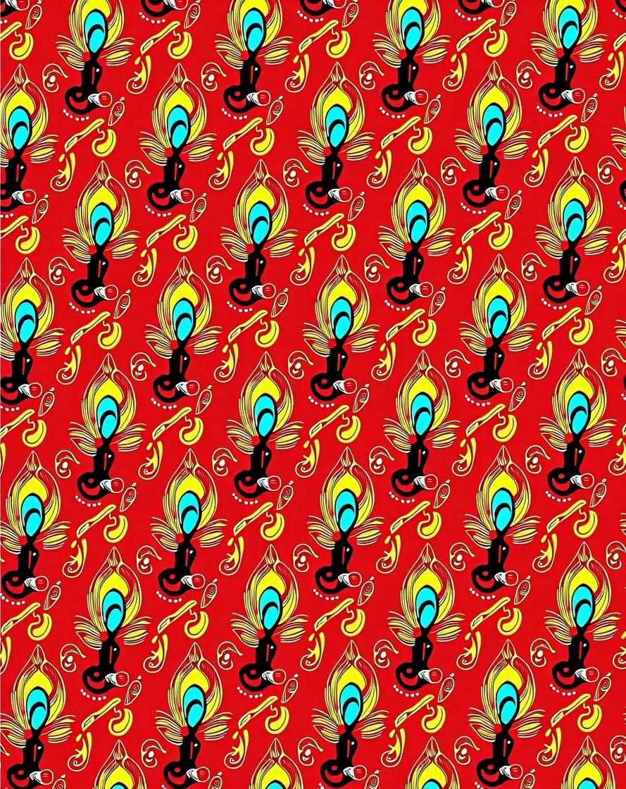 Vibrant Red Peacock Feather Swirl Rug