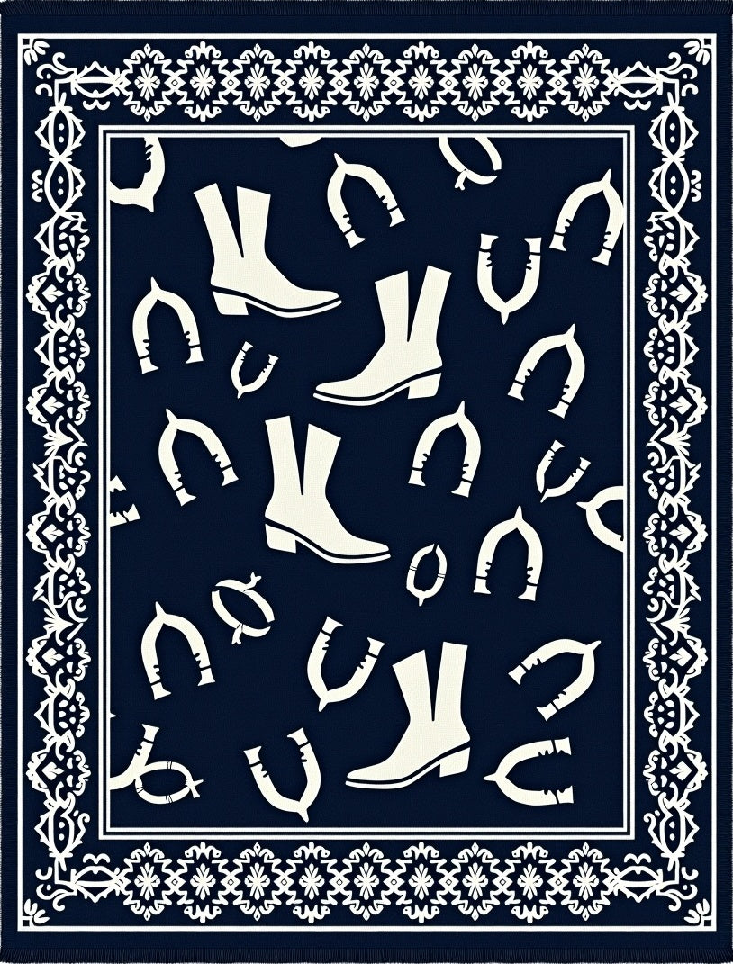 Navy Cream Cowboy Boot Horseshoe Border Rug