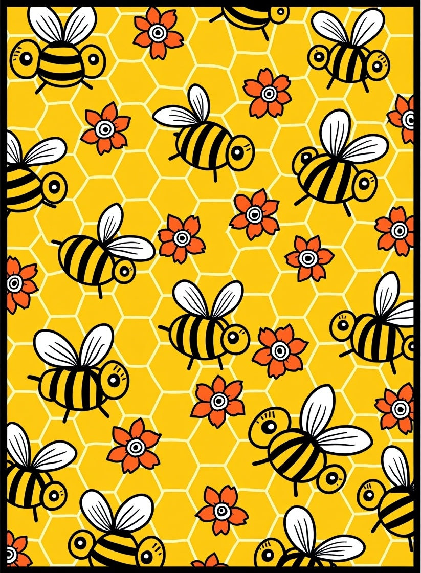 Whimsical Yellow Bee Floral Honeycomb Rug