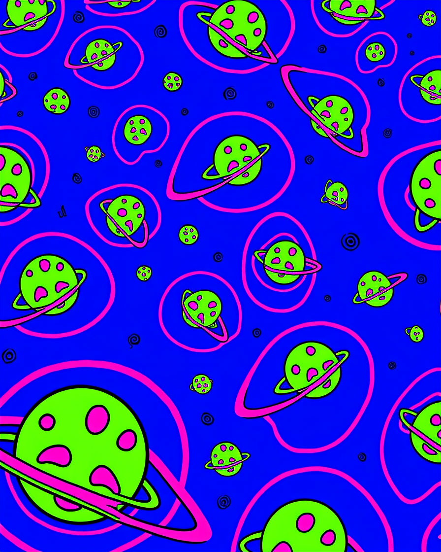 Vibrant Neon Galactic Ringed Planets Rug