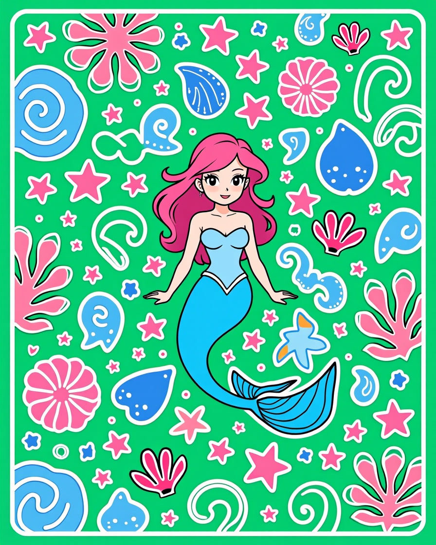 Pink Mermaid Ocean Stars Green Rug