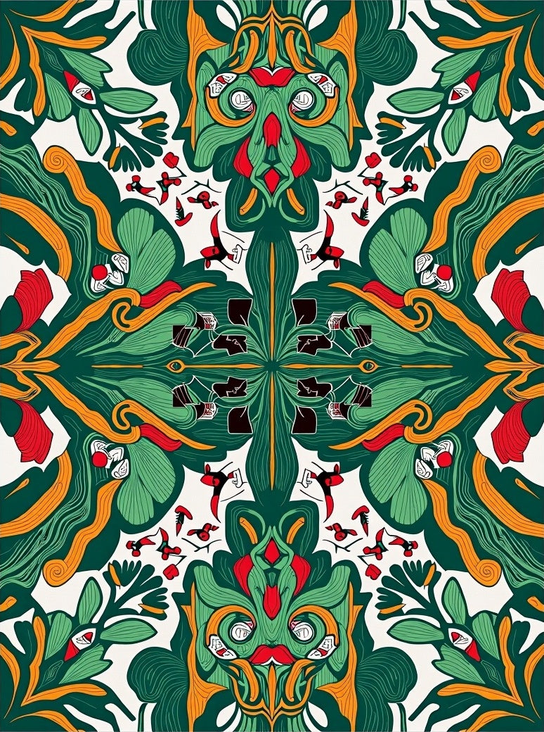 Emerald Red Golden Swirl Foliage Rug