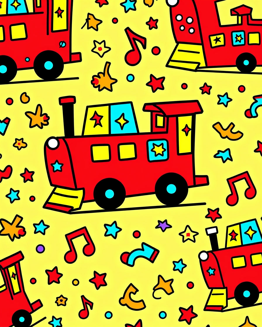 Red Train Stars Musical Yellow Background Rug