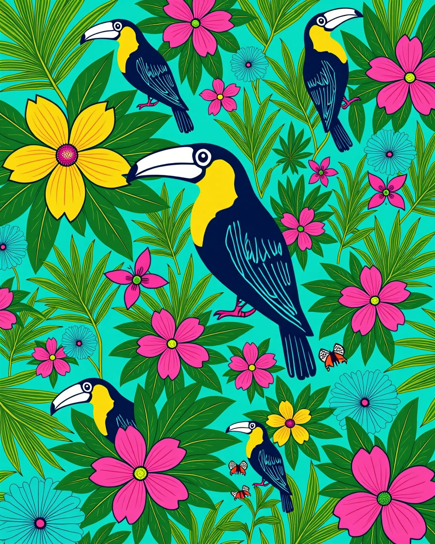 Vibrant Toucan Floral Jungle Scene Rug