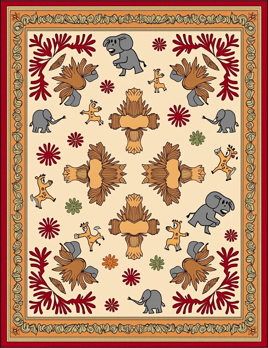 Joyful Safari Animals Khaki Border Rug