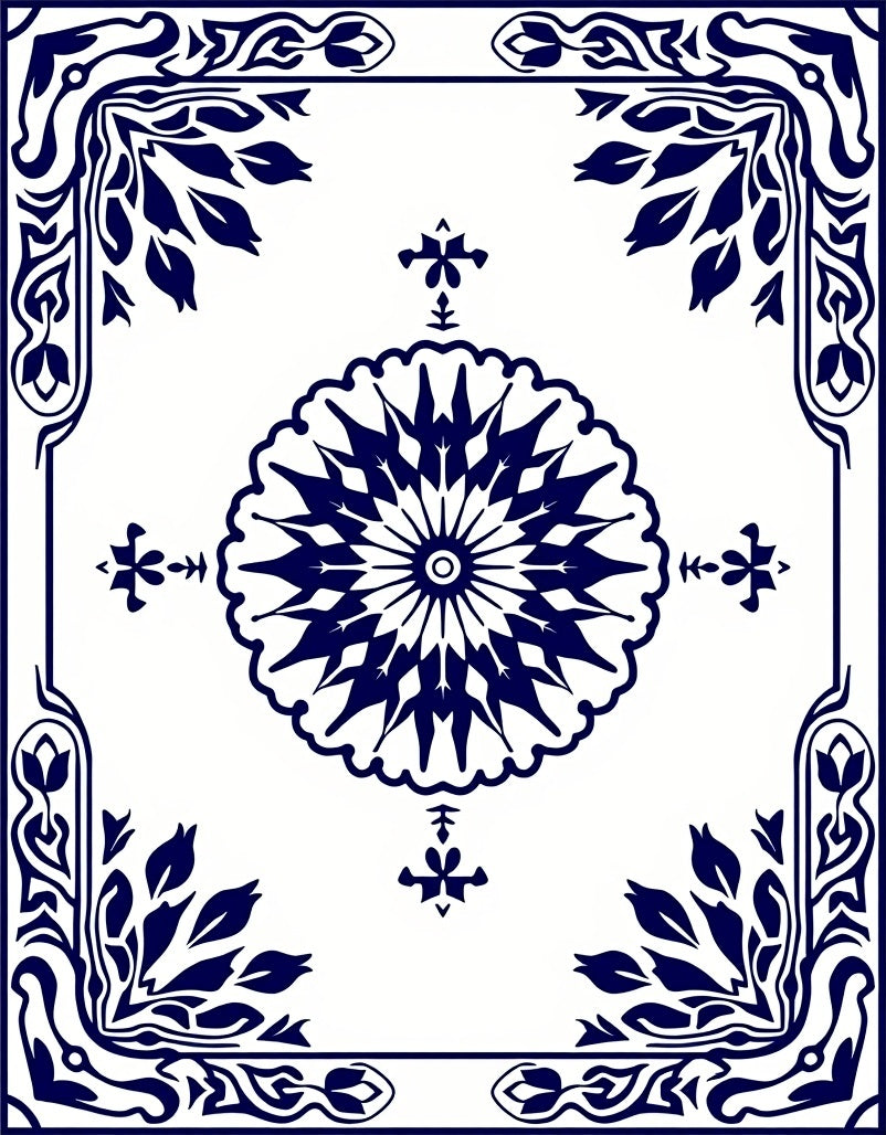 Traditional Navy Floral Medallion Border Rug