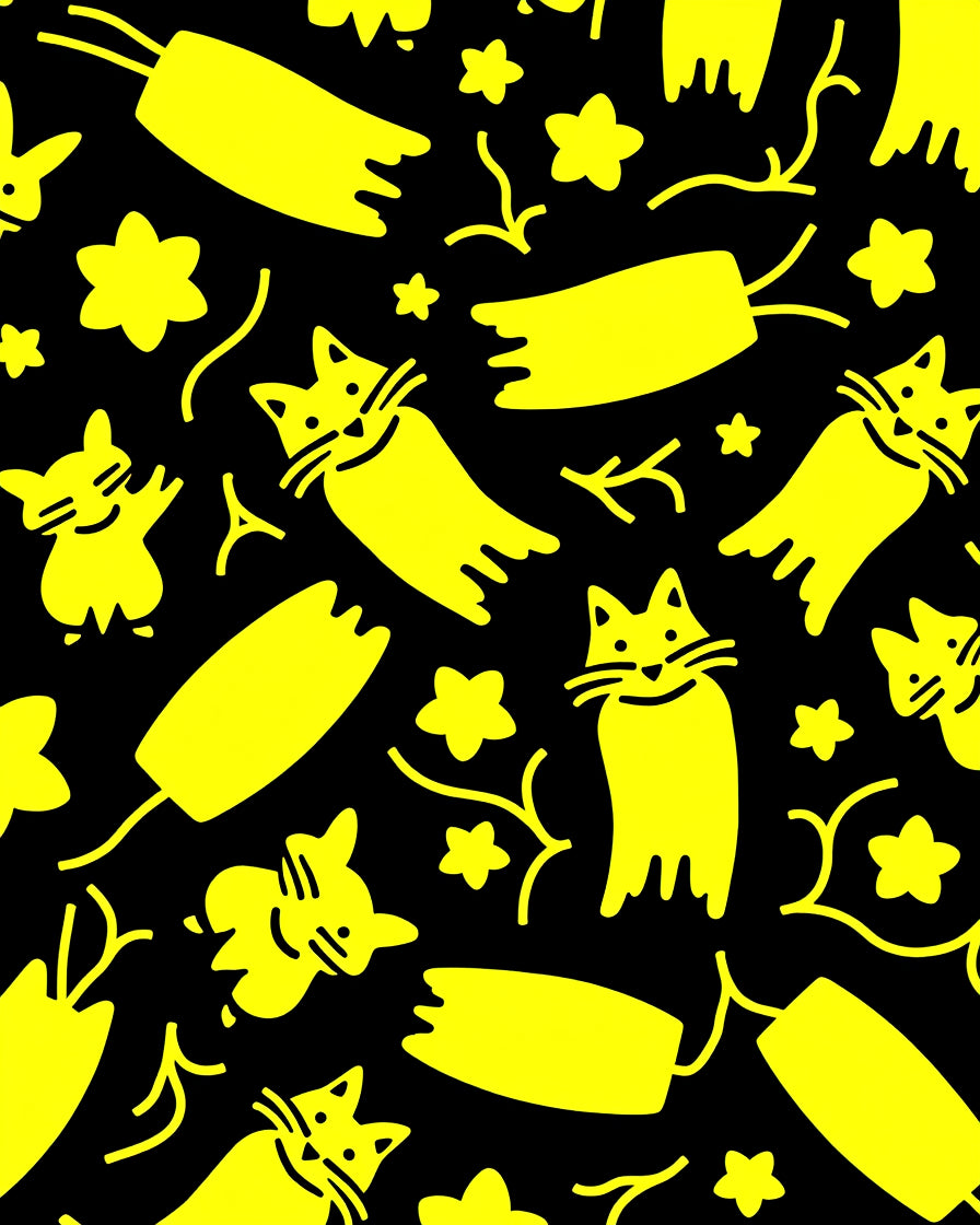 Bright Yellow Whimsical Cat Stars Rug