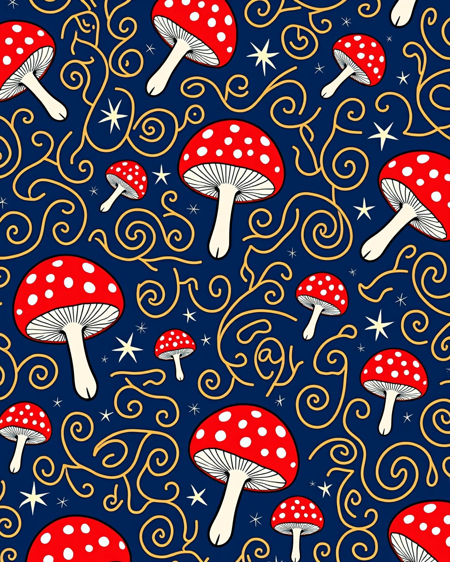 Red Mushroom Stars Swirls Rug
