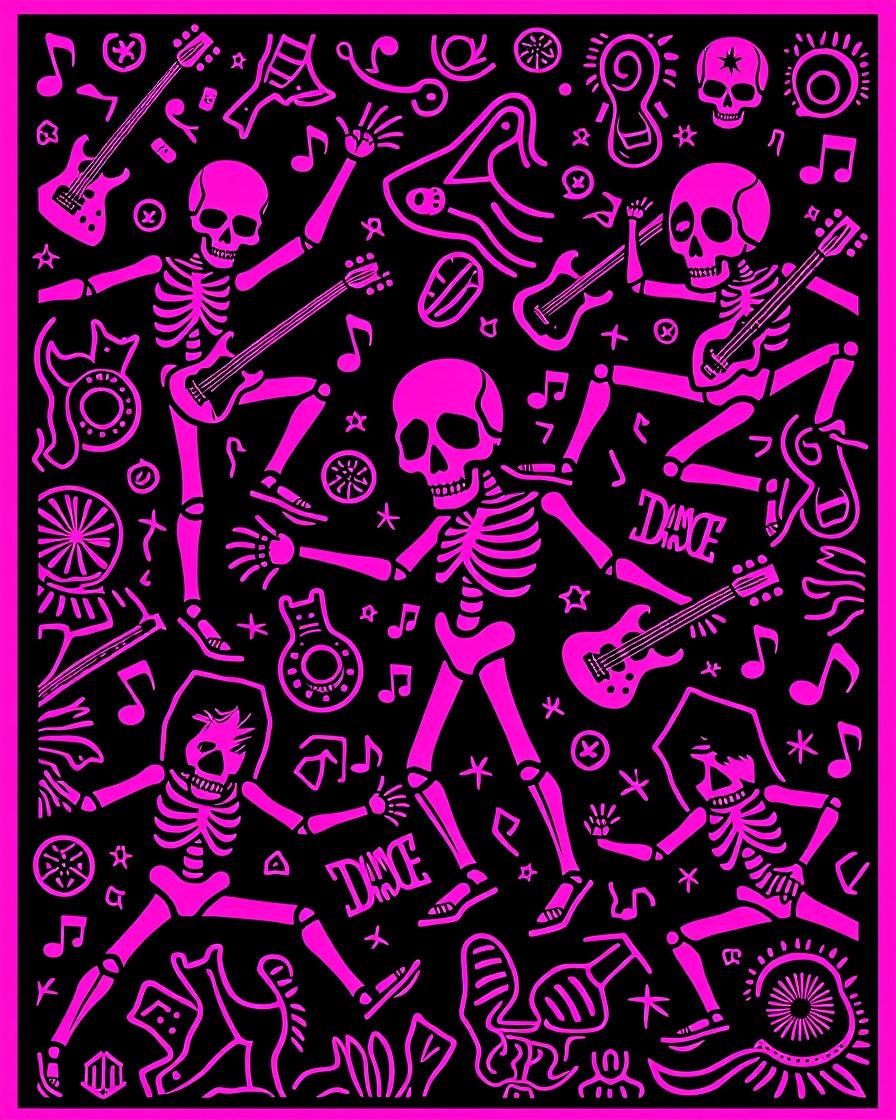 Hot Pink Skeleton Dance Black Rug
