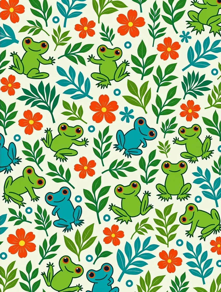 Whimsical Green Frogs Floral Garden Rug