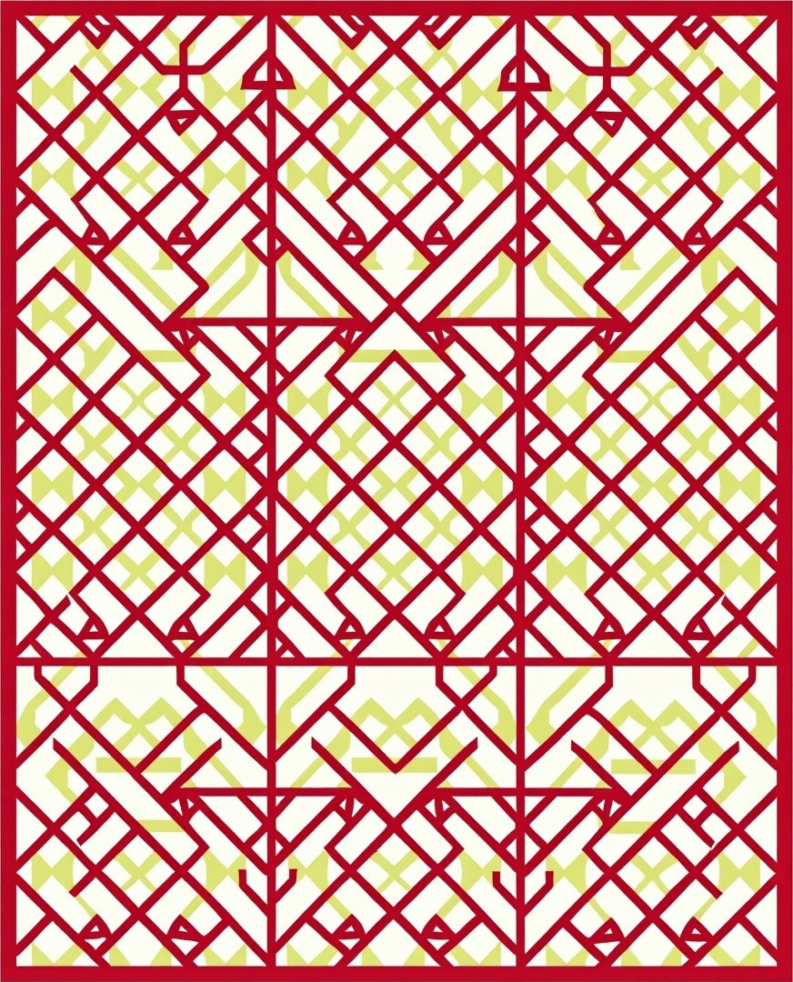 Crimson and Pale Yellow Geometric Lattice Rug