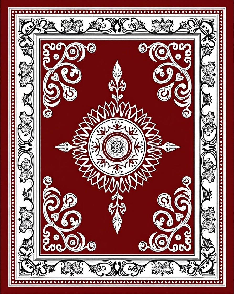 Deep Red Ornate Starburst Framing Rug