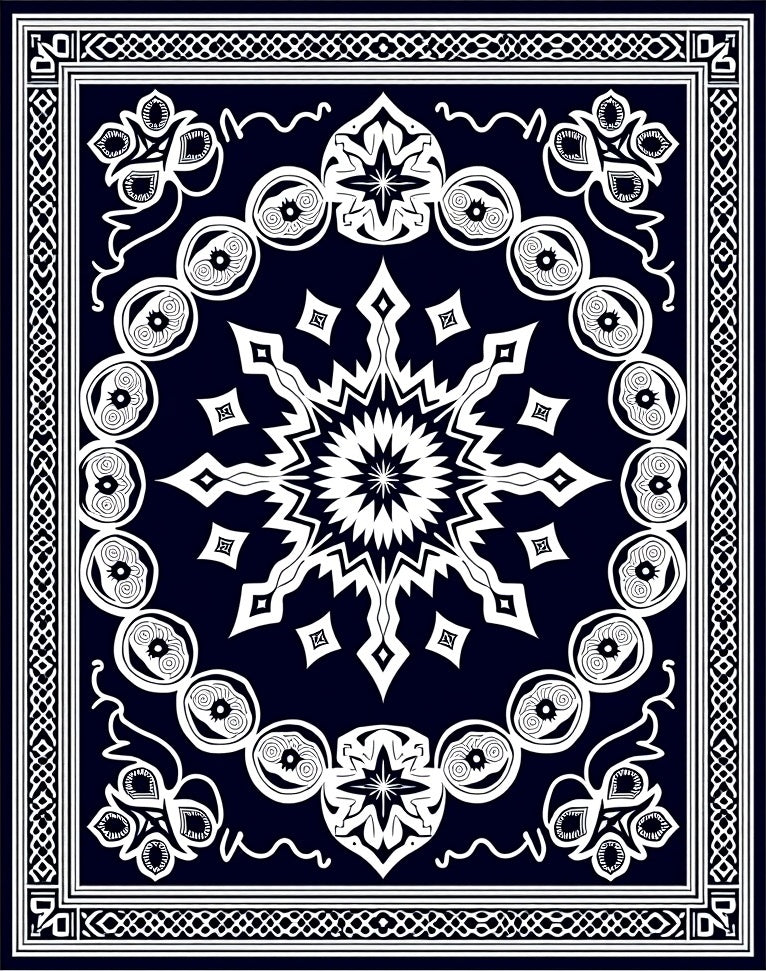 Dark Blue White Ornamental Sunburst Rug