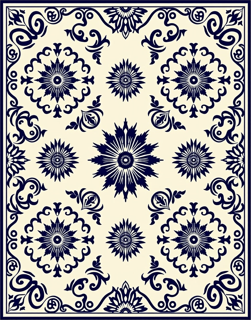 Dark Blue Sunburst Floral Medallion Rug