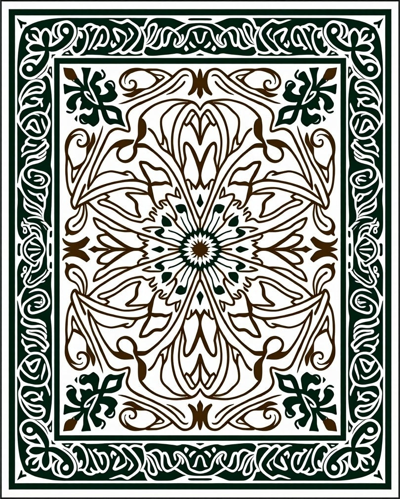 Dark Green Brown Floral Medallion Art Nouveau Rug