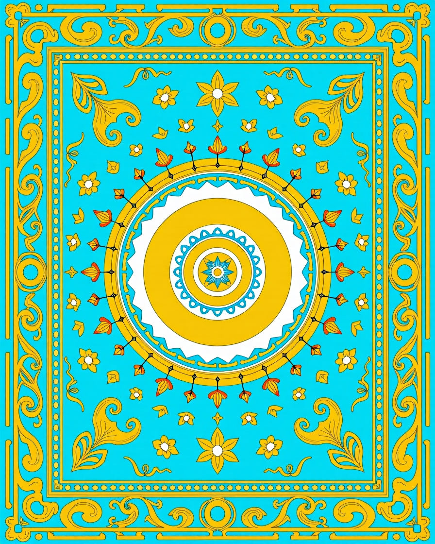 Cyan Yellow Floral Medallion Border Rug
