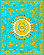 Cyan Yellow Floral Medallion Border Rug