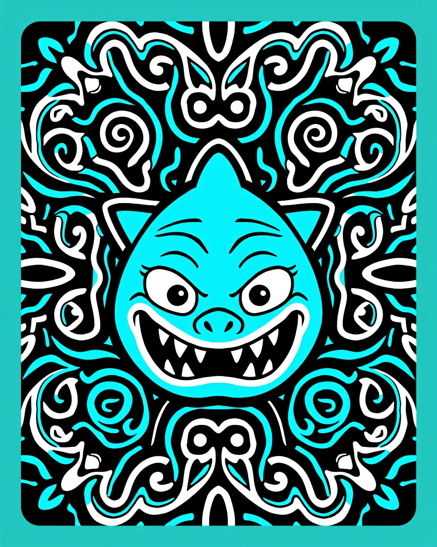 Whimsical Blue Feline Scary Swirls Rug