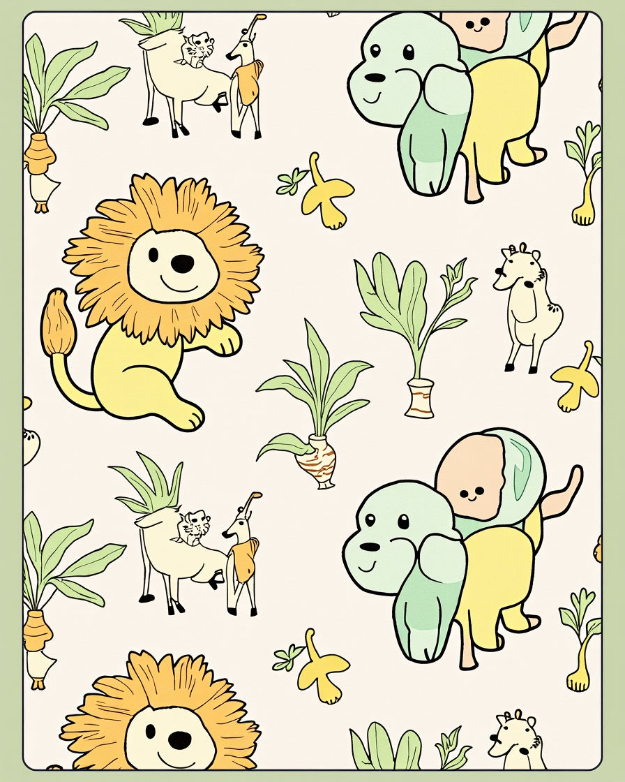 Whimsical Yellow Lion Green Dog Jungle Animals Rug