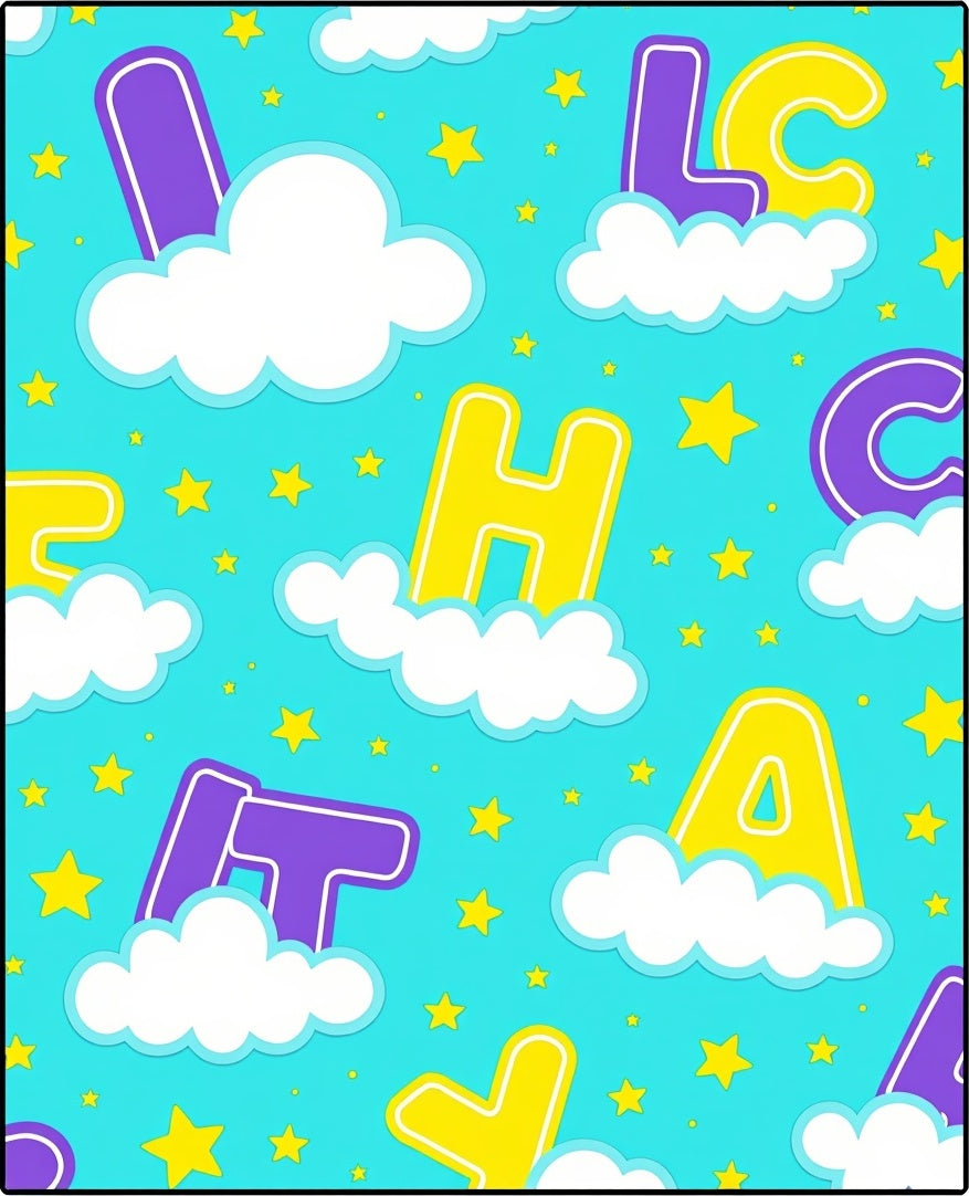 Bright Yellow Purple Alphabet Clouds Rug