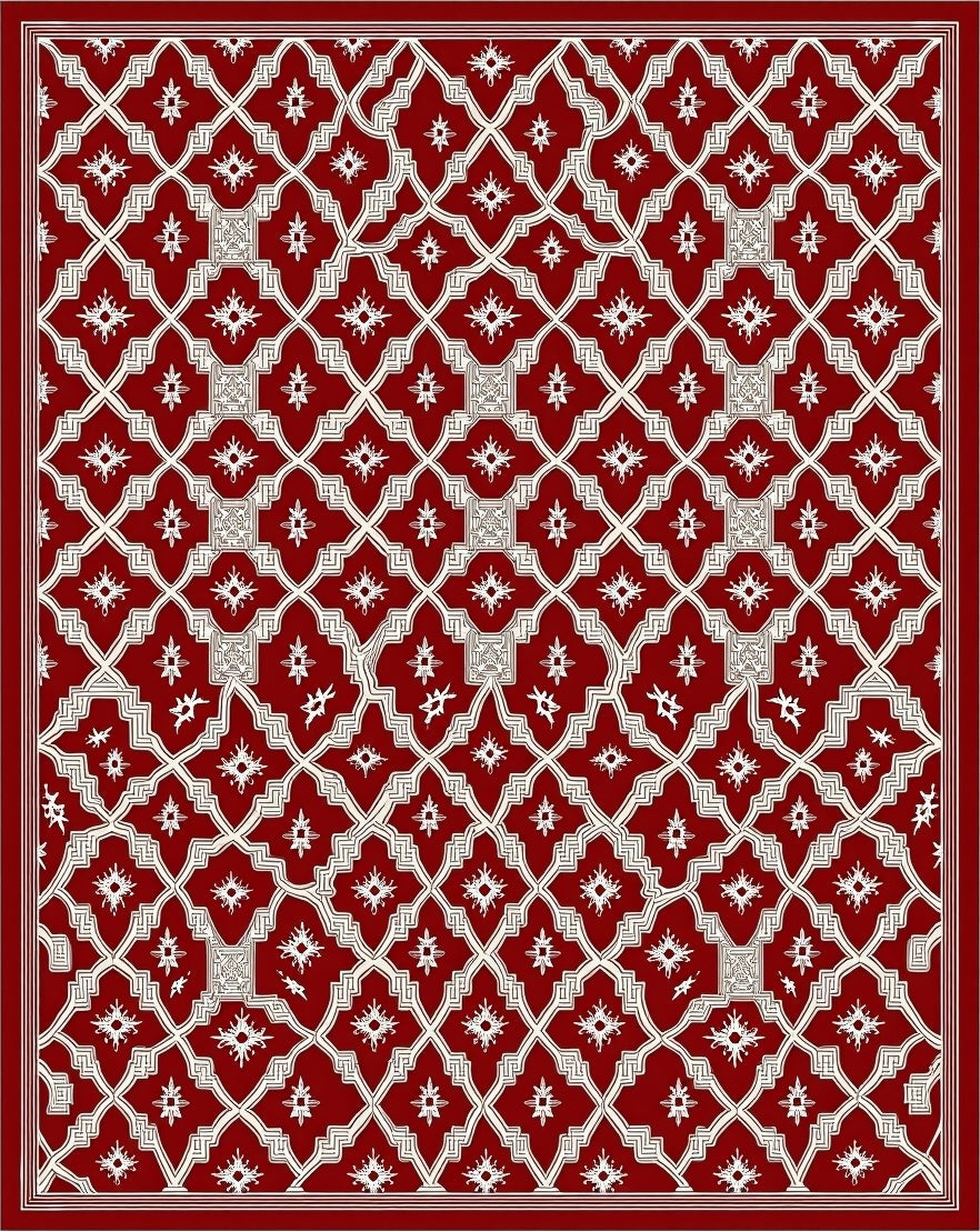 Deep Crimson White Geometric Star Rug