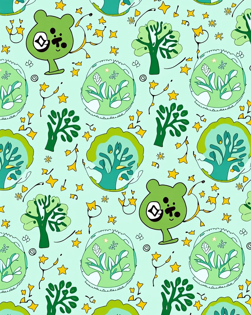 Whimsical Green Nature Bear Trees Stars Rug