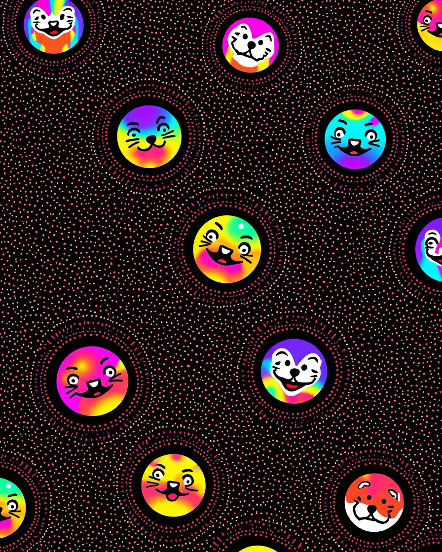 Rainbow Cat Faces on Black Dots Rug