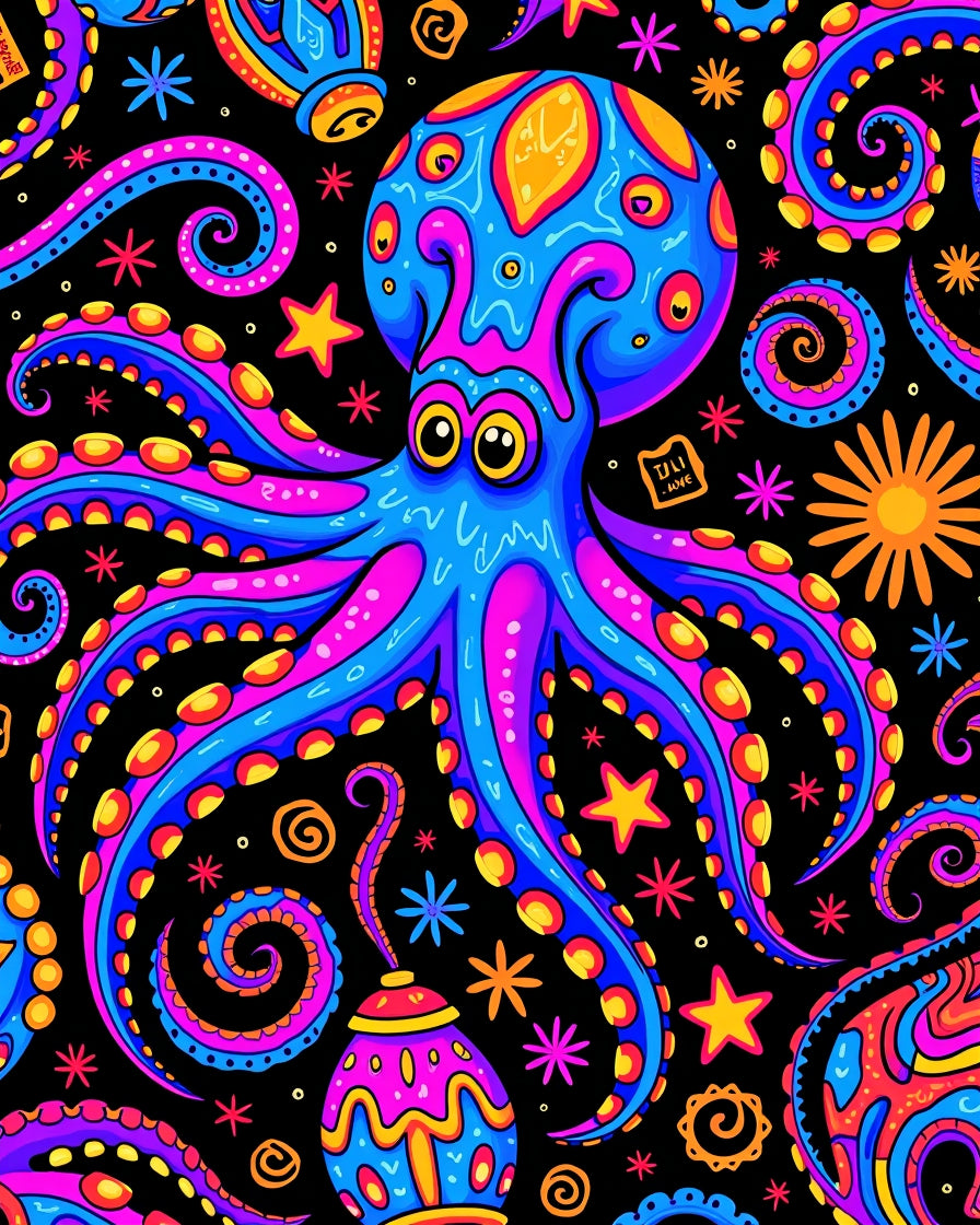 Vibrant Neon Octopus Swirls Rug