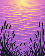 Pink Yellow Sunset Bulrush Water Waves Rug