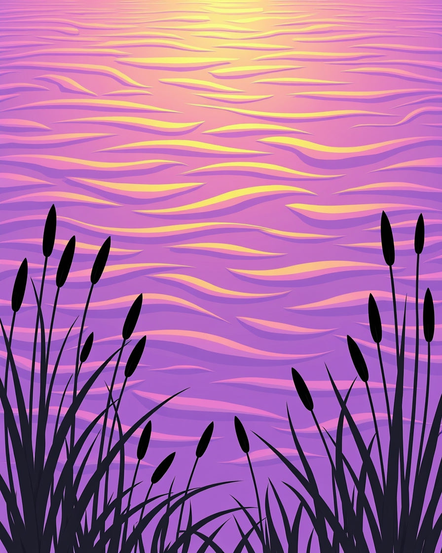 Pink Yellow Sunset Bulrush Water Waves Rug