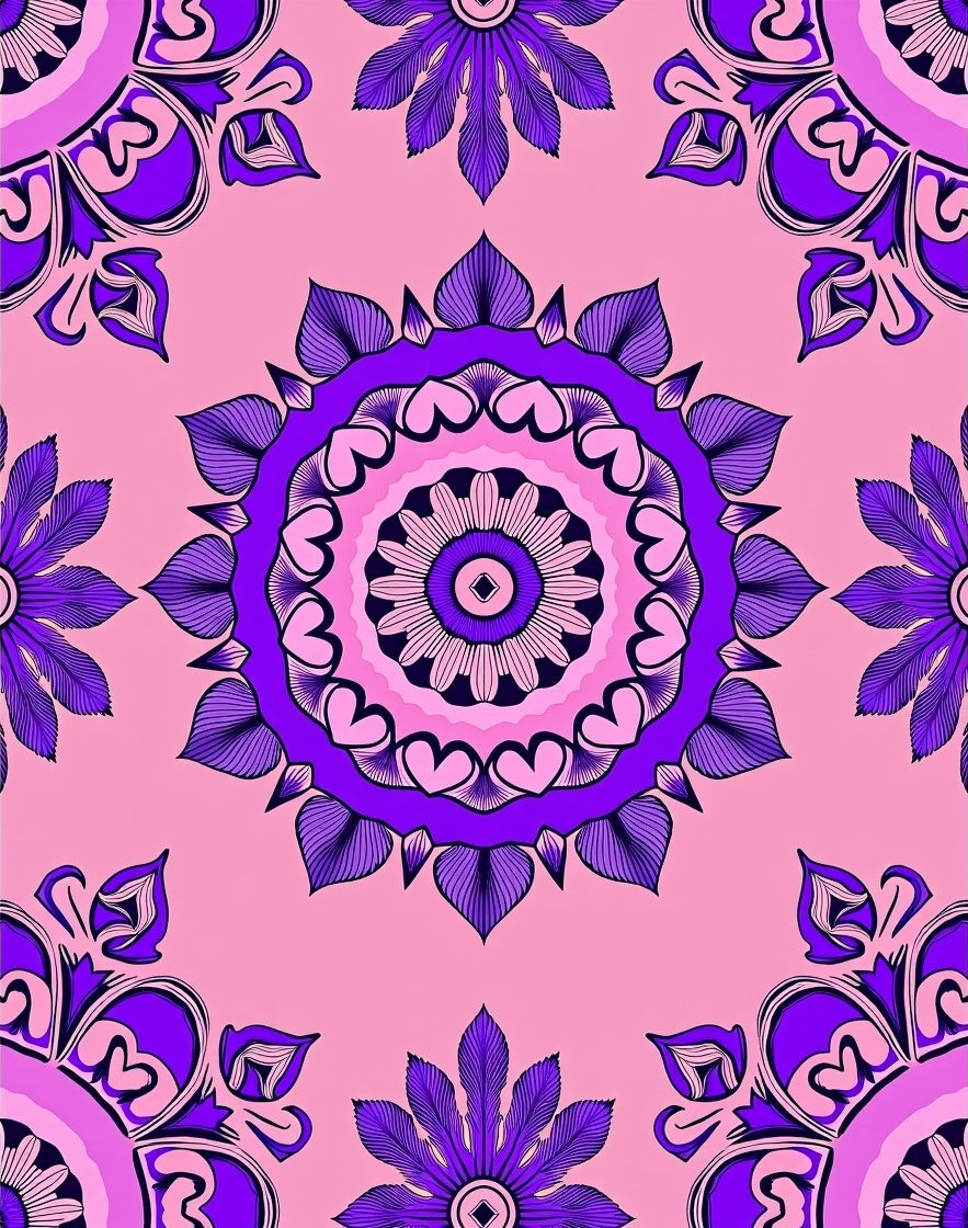 Bold Purple Floral Medallion Pink Background Rug