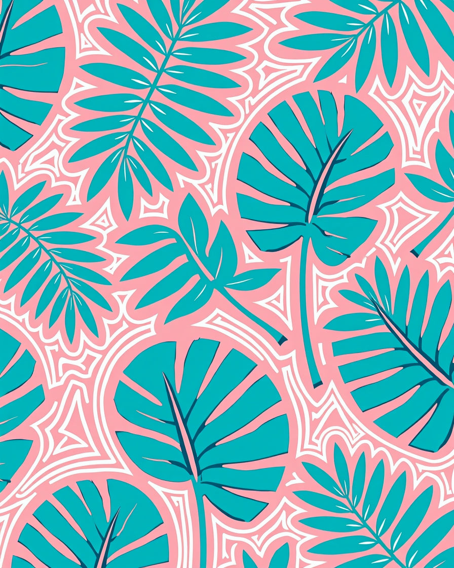 Teal Tropical Leaf Pink Background Abstract Rug