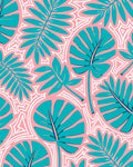 Teal Tropical Leaf Pink Background Abstract Rug