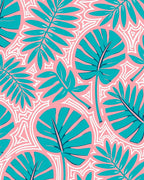 Teal Tropical Leaf Pink Background Abstract Rug