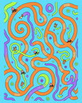 Playful Orange Blue Abstract Creatures Rug