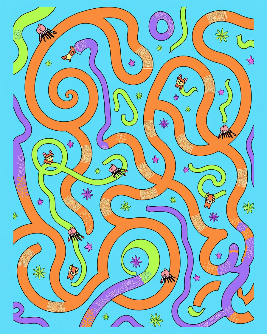 Playful Orange Blue Abstract Creatures Rug