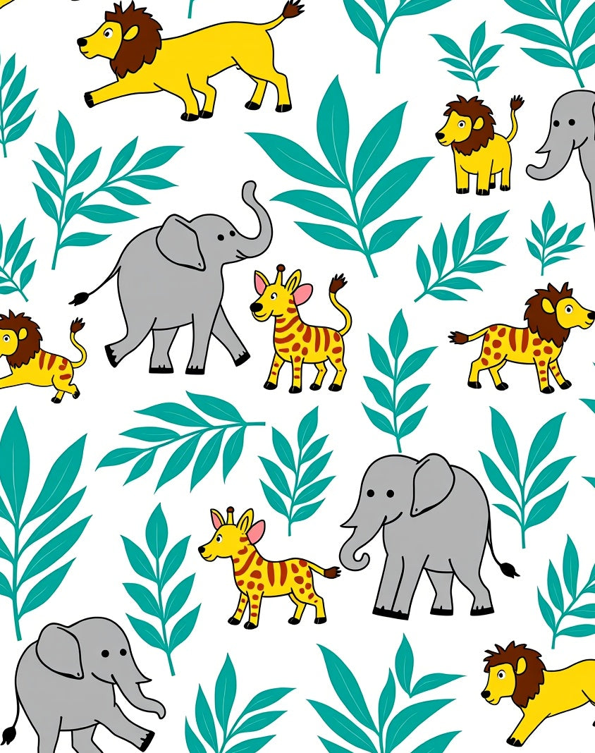 Cute Safari Animals Green Leaves Rug