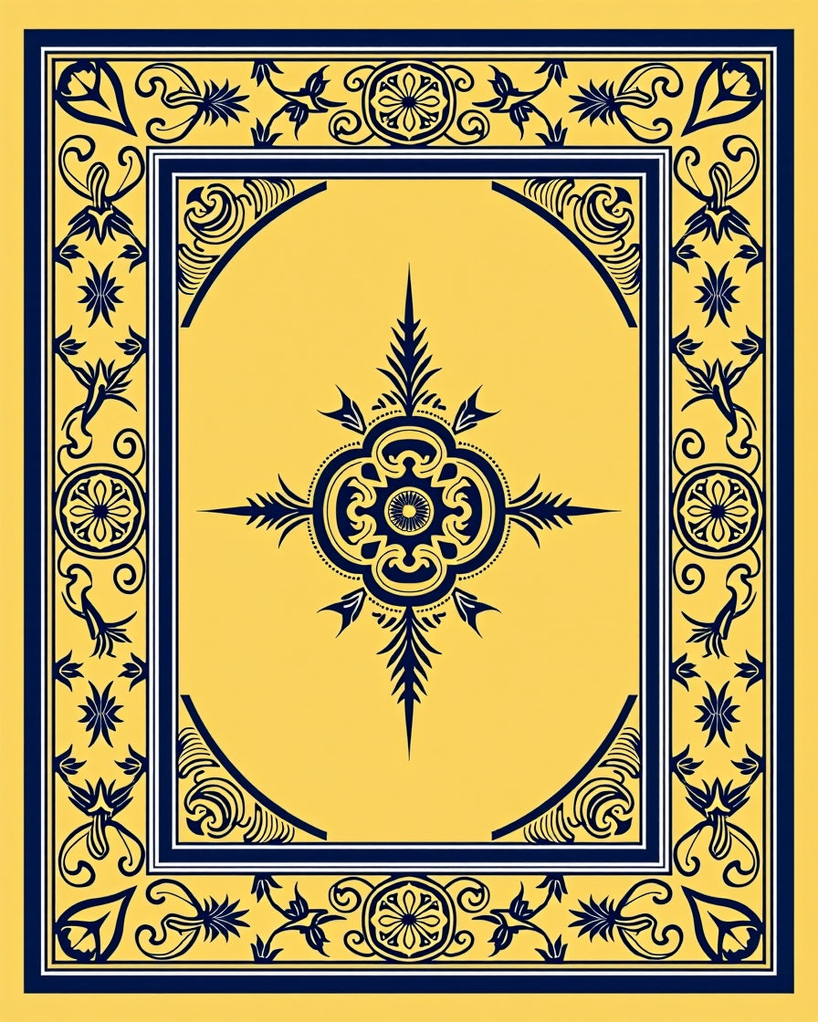 Golden Navy Floral Scroll Medallion Rug