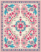 Pink Blue Floral Medallion Border Rug