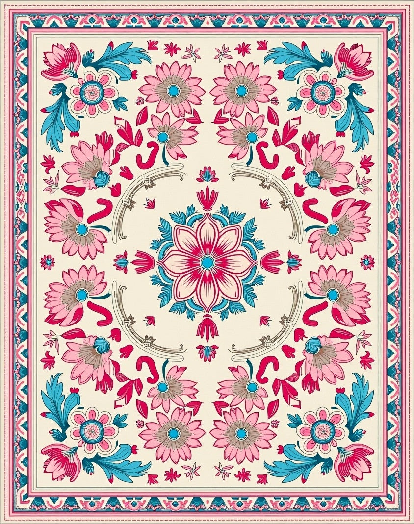 Pink Blue Floral Medallion Border Rug