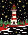 Festive Lighthouse Amidst Snowy Night Sky Rug
