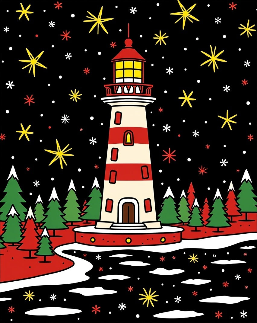 Festive Lighthouse Amidst Snowy Night Sky Rug