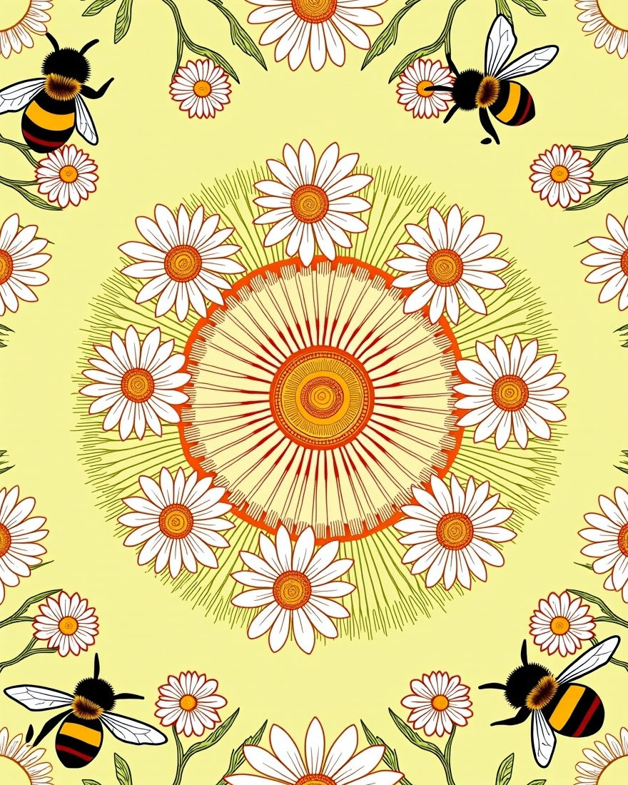 Whimsical Yellow Daisy Bee Mandala Rug