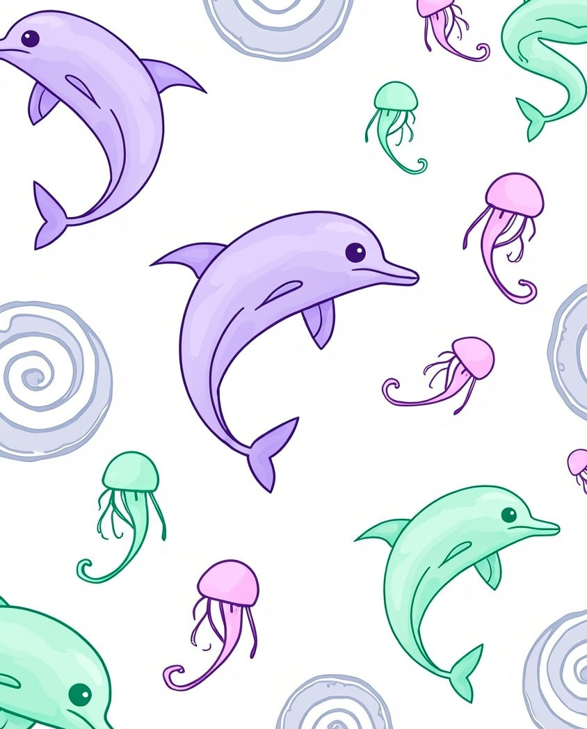 Playful Purple Green Dolphin Jellyfish Swirls Rug