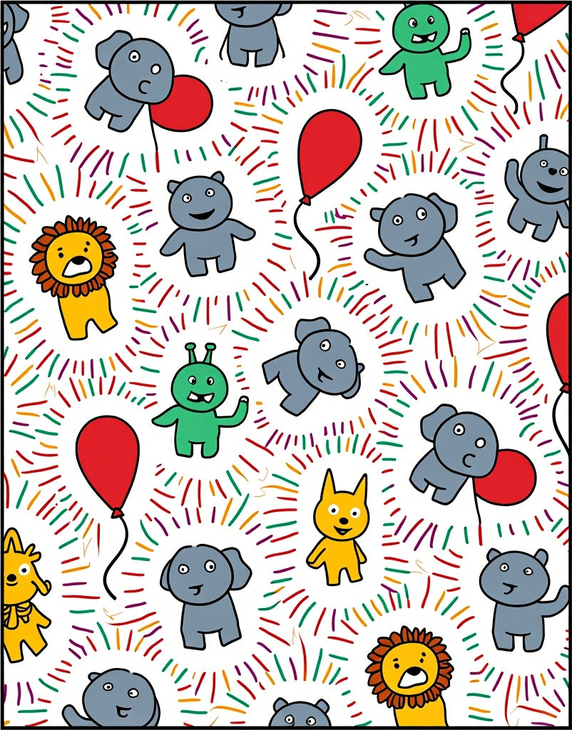 Cheerful Cartoon Animals Red Balloon Explosion Rug