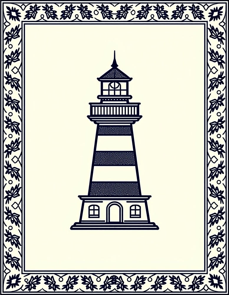 Coastal Lighthouse With Navy Border Rug